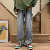 Xituodai American Street Jeans Men's Design Sense Flame Embroidery Straight Casual Pants Trend Couple Loose Wide-leg Pants Retro Y2K