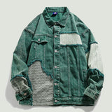 Xituodai Hip Hop Distressed Denim Jacket Men Vintage Harajuku Patchwork Cowboy Coats Streetwear Casual Loose Varsity Jackets Unisex Green