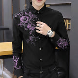 Xituodai Spring Business Casual Long-sleeved Polo Collar Men's Shirt Button Floral Printing Korean Fashion Slimming Fashion Commute Tops