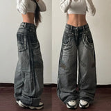 Xituodai Street Vintage Harajuku Style New Fashion Black Washed Baggy Jeans Women Y2K Gothic Hip Hop Popular Casual Joker Wide Leg Pants