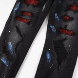 Xituodai Men's Crystal Stretch Denim Skinny Jeans Painted Holes Ripped Tapered Pants Streetwear Patchwork Black Trousers