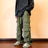 Xituodai Cargo Pants Multi-Pocket Overalls Harajuku Men's Retro Loose Wide-Leg Pants Street Casual Hip-Hop Straight High Waist Mop Pants