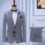 Xituodai 2024 Men's Grey Blue Plaid Business Blazers Jacket Trousers High End Wedding Party Groom Suit 2 Pieces Sets Coat Pants Big Size