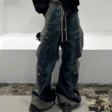Xituodai RO Style Gradient Ribbons Multi-pockets Drawstring Jeans for Men Harajuku Streetwear Baggy Y2K Denim Trousers Oversized Cargos