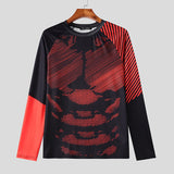 Xituodai 2024  Irregular Lines Colorblock Tops Men Casual Long Sleeve T-shirts Well Fitting Long Sleeved Tees Round Neck Sexy Tops