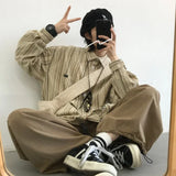 Xituodai College Retro Men  Two-piece Japanese Casual Set Loose Striped Shirt+large Pocket Drawstring Wide Leg Pants New Unisex Suit