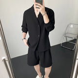 Xituodai Summer Black/White Sets Men Fashion Long-sleeved Shirt Shorts Two-piece Men Korean Casual Loose Plaid Sets Mens Suit M-2XL