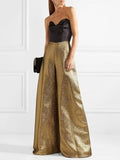 Xituodai Women Luxury Gold Color Wide Leg Pants 2025 New High Waisted Full-length Loose Zipper Party Evening Trousers Bottoms