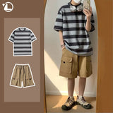 Xituodai 2024 Summer College Casual Set Mens Contrast Striped Round Neck Top+Multi Pocket Tooling Shorts 2-pcs Set Japanese Couple Suit