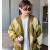 Xituodai  Japanese Retro Mens Set Autumn College Couple Suit Diamond Lattice Loose Knit Cardigan+White Fleece Casual Pants 2-piece