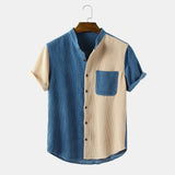 Xituodai Patchwork Youth Lapel Short-sleeved Shirt Corduroy Standing Collar Striped Menswear for Men