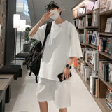 Xituodai Men's Summer Waffle Two Piece Set Half Sleeve T-shirt Shorts Casual O-neck Hong Kong Style Loose Sports Fashion Suit 3 Colors