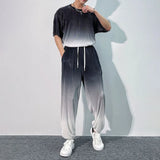 Xituodai Gradient Baggy Y2k Set Men Wide Leg Pant Tshirts Summer High Waist Pleated Trousers Short Sleeve Tees Ice Silk Two Piece Suit