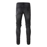 Xituodai Men Cracked Leather Patch Biker Jeans Streetwear Pleated Patchwork Holes Ripped Stretch Denim Pants Skinny Tapered Trousers