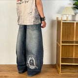 Xituodai Baggy Jeans Retro Hip Hop Goddess Pattern Embroidery Denim Pants Washed Men Jeans Y2K High Waist Wide Leg Trousers