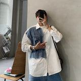 Xituodai Denim Patchwork White Shirt Men Lapel Long Sleeve Button Loose Tops Spring Autumn Fashion Vintage Shirts Streetwear Male