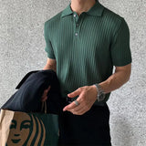 Xituodai Summer Men's Retro Knitting Lapel Stripe POLO Shirt Solid Color Thin Cozy Short Sleeve T-Shirt 2024 New