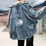 Xituodai Men  Wintern outfits Fashion Blue Ripped Denim Jacket Y2K Distressed Streetwear Hip Hop Broken Hole Jeans Biker Jackets Men's Spring Jackets Xituodai Men  Wintern outfits