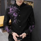 Xituodai Spring Business Casual Long-sleeved Polo Collar Men's Shirt Button Floral Printing Korean Fashion Slimming Fashion Commute Tops