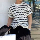 Xituodai Trendy Striped Jacquard Mens T Shirts Knitted O Neck Short Sleeve Hollow Out Knit T-shirts Summer Fashion Slim Men Knitted Tees Xituodai