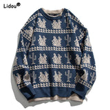 Xituodai New Autumn and Winter Retro Art Round Neck Printed Loose Leisure Fashion Versatile Thick Warm Knitted Pullover Sweater Xituodai