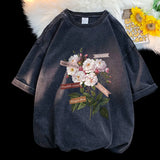 Xituodai Vintage Flowers Graphic Print T-shirt Gothic Men Tshirts Washed Short Sleeved Man Tops Round Neck General Tee