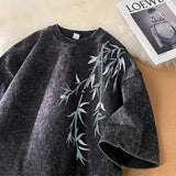 Xituodai Bamboo Leaf Pattern Short Sleeve Heavy Fabric Acid Washed Men's T-shirt Men Woman Streetwear Oversized Loose Tops Summer Tees