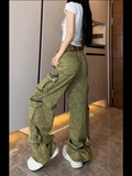 Xituodai American New Vintage Old Multi-pocket Tooling Jeans Female Y2K Harajuku Style Fashion Embroidery Baggy Slim Wide Leg Mop Pants