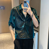 Xituodai Men Shiny Design Casual Shirt Trendy Handsome Shirts Fashion Loose Half Sleeve Tops Korean Style Personality Clothing