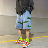 Xituodai Summer Embroidery Letter Denim Shorts for Men Harajuku Casual Baggy Short Jeans Y2k Retro Oversized Wide Leg Knee Lenght Pants