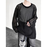 Xituodai Mens White/Black Hollow Tops Mesh Round Neck Loose Casual Long Sleeve T-shirt Men Hip Hop See-through Pullover Party TShirt