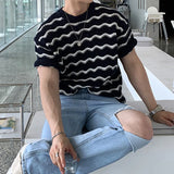 Xituodai Trendy Striped Jacquard Mens T Shirts Knitted O Neck Short Sleeve Hollow Out Knit T-shirts Summer Fashion Slim Men Knitted Tees Xituodai