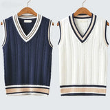 Xituodai Sweater Vest Men Thicken V-neck Sleeveless Knitted Sweaters Vests Striped Retro Preppy-style Simple Chic Loose Casual All-match