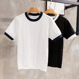 Xituodai Fashion Jacquard Knitted T-shirts For Men Summer short sleeved O-neck Contrast Color Patchwork Thin Tee Tops Casual Knitwear