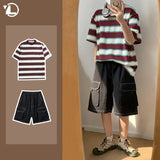 Xituodai 2024 Summer College Casual Set Mens Contrast Striped Round Neck Top+Multi Pocket Tooling Shorts 2-pcs Set Japanese Couple Suit