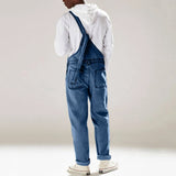 Xituodai Streetwear Men's Solid Color Multi-pocket Denim Bib Overalls Casual Daily Denim Jumpsuit Fashion Male Suspender Long Pants