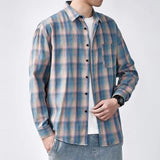 Xituodai Spring Autumn New Polo-Neck Single-breasted Pockets Plaid All-match Long Sleeve Fashion Loose Casual Comfortable Men's Shirt Top Xituodai