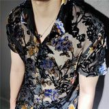 Xituodai Colorful Flowers Pattern Velvet Shirt Men Transparent Short Sleeve Sexy Shirt Social Club Outfits Party Men Designer Shirt