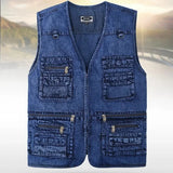 Xituodai Men's Denim Vest Jacket Dark Blue Black Sleeveless Truck Driver Cyclist   Multi-pocket Zipper