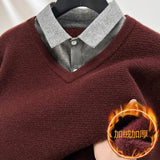 Xituodai Fleece-lined Thickened, Men's Business Casual Shirt Collar Pullover, Knit Sweater with Woven Shirt Collar and Knit Body