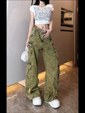 Xituodai American New Vintage Old Multi-pocket Tooling Jeans Female Y2K Harajuku Style Fashion Embroidery Baggy Slim Wide Leg Mop Pants