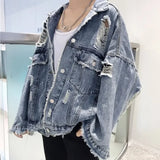 Xituodai Men  Wintern outfits Fashion Blue Ripped Denim Jacket Y2K Distressed Streetwear Hip Hop Broken Hole Jeans Biker Jackets Men's Spring Jackets Xituodai Men  Wintern outfits