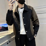 Xituodai Autumn New Boyfriend Solid Color Jacquard Spliced Zipper Turn-down Collar Button Casual Loose Streetwear Long Sleeve Jackets Xituodai