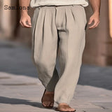 Xituodai 2024 Men Casual Straight Linen Pants Solid Khaki White Stand Pocket Trousers Plus Size Mens Elegant Fashion Sweatpants