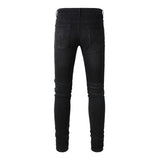 Xituodai Men Pleated Patch Biker Jeans Streetwear Skinny Tapered Stretch Denim Pants Ripped Patchwork Black Trousers