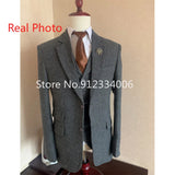 Xituodai Gray Wool Tweed Winter Men Suit's For Wedding Formal Groom Tuxedo Herringbone Male Fashion 3 Piece Suit (Jacket + Vest + Pants)