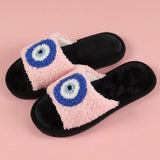 Xituodai Datuart Autumn Women Plush Slippers Blue Evil Eyes Curly Slippers Couple Open Toe Home Cotton Shoes Flat Bedroom Warm Flannel Slippers