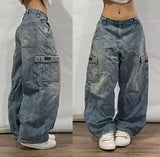 Xituodai Street Vintage Jeans New Y2K Harajuku Wash blue Multiple pockets Baggy Jeans Denim Pants Mens Womens High Waist Wide Trousers