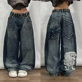 Xituodai 2025 New American Harajuku Vintage Straight High Waist Y2K Women Washed Blue Pocket Baggy Jeans Street Style Gothic Wide Pants