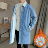 Xituodai Vintage Denim Trench Coat Men Medium Long Styles Loose Tops Windbreaker Autumn Winter With Plush Thickening Overcoat Jacket